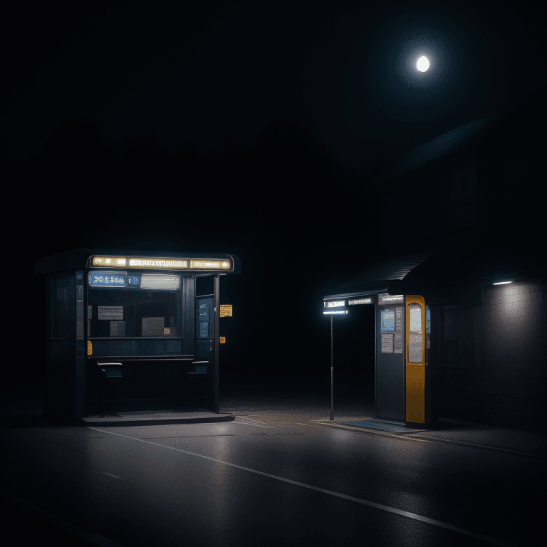AI generated: the lighted bus is waiting at a bus stop, under the moonlight, depictions of inclement weather, uhd ...