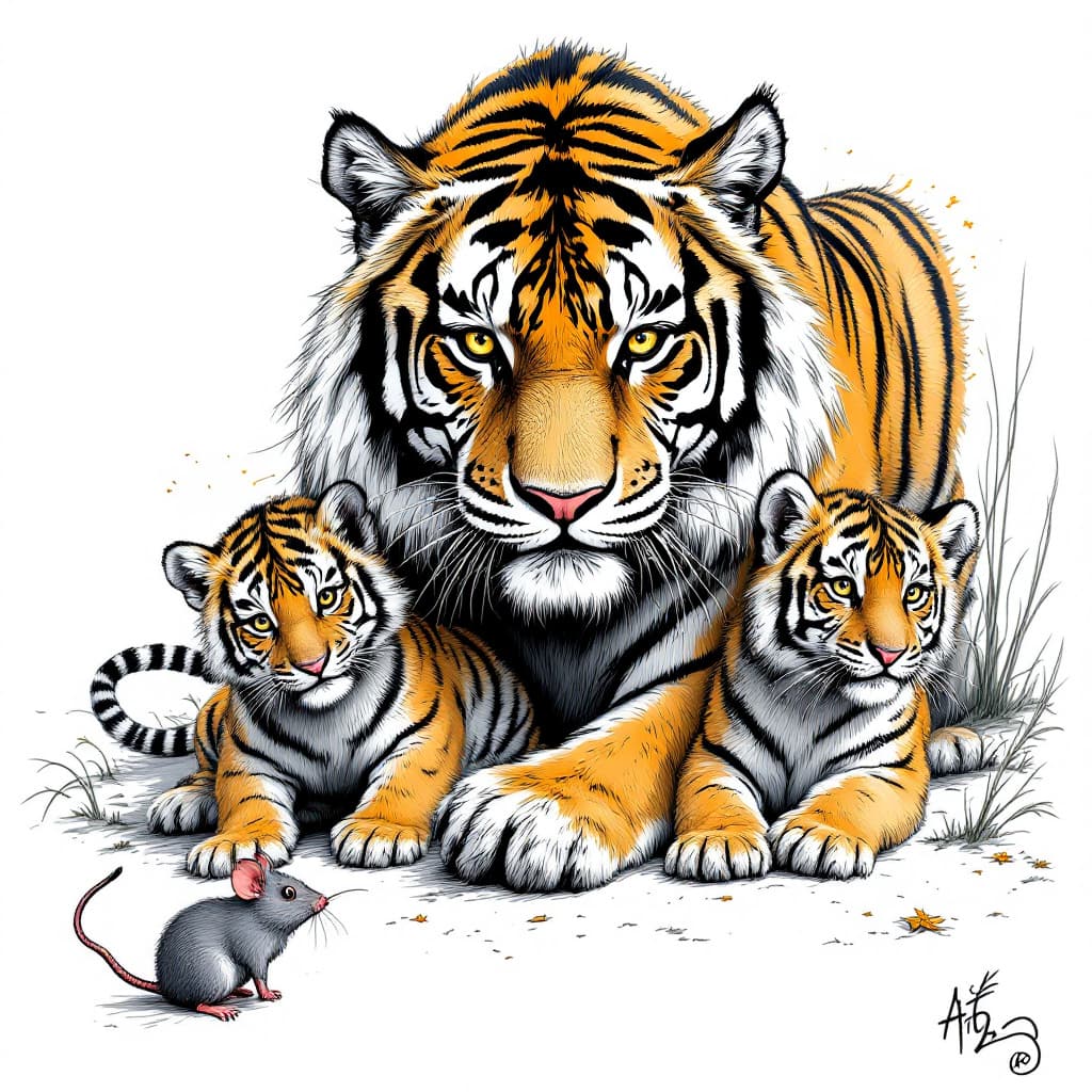 AI generated: a tiger and two tiger cubs, and a big mouse,ferocious, detailed,full-body shots,ink style,