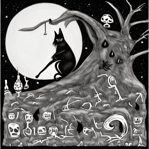 AI generated: Black and white, but fully rendered image a of an attractive witch on a broom. A cat is also with he...
