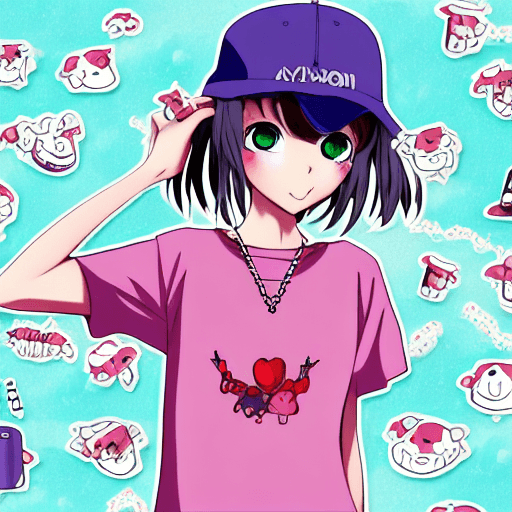 AI generated: (anime), (illustration), cartoon, detailed, alyonushka, purple cow, solo, white cap, red t-shirt, je...
