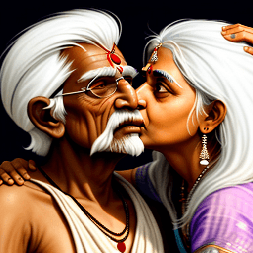 AI generated: an image of an indian girl kissing an ugly dark old indian beggar with white hair