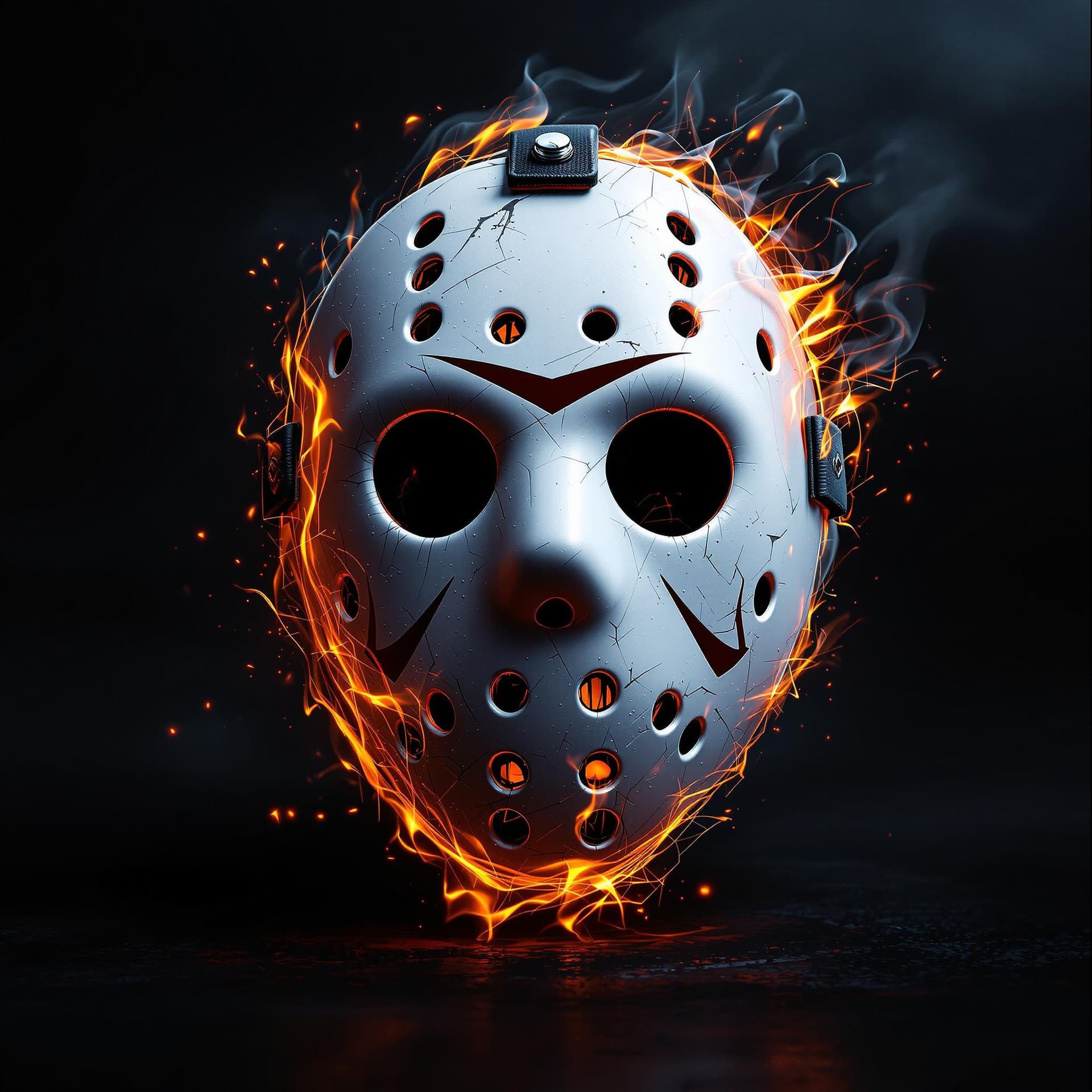 AI generated: a white hockey mask with some flames on it with a dark abstract background, cinematic, hyper realism...