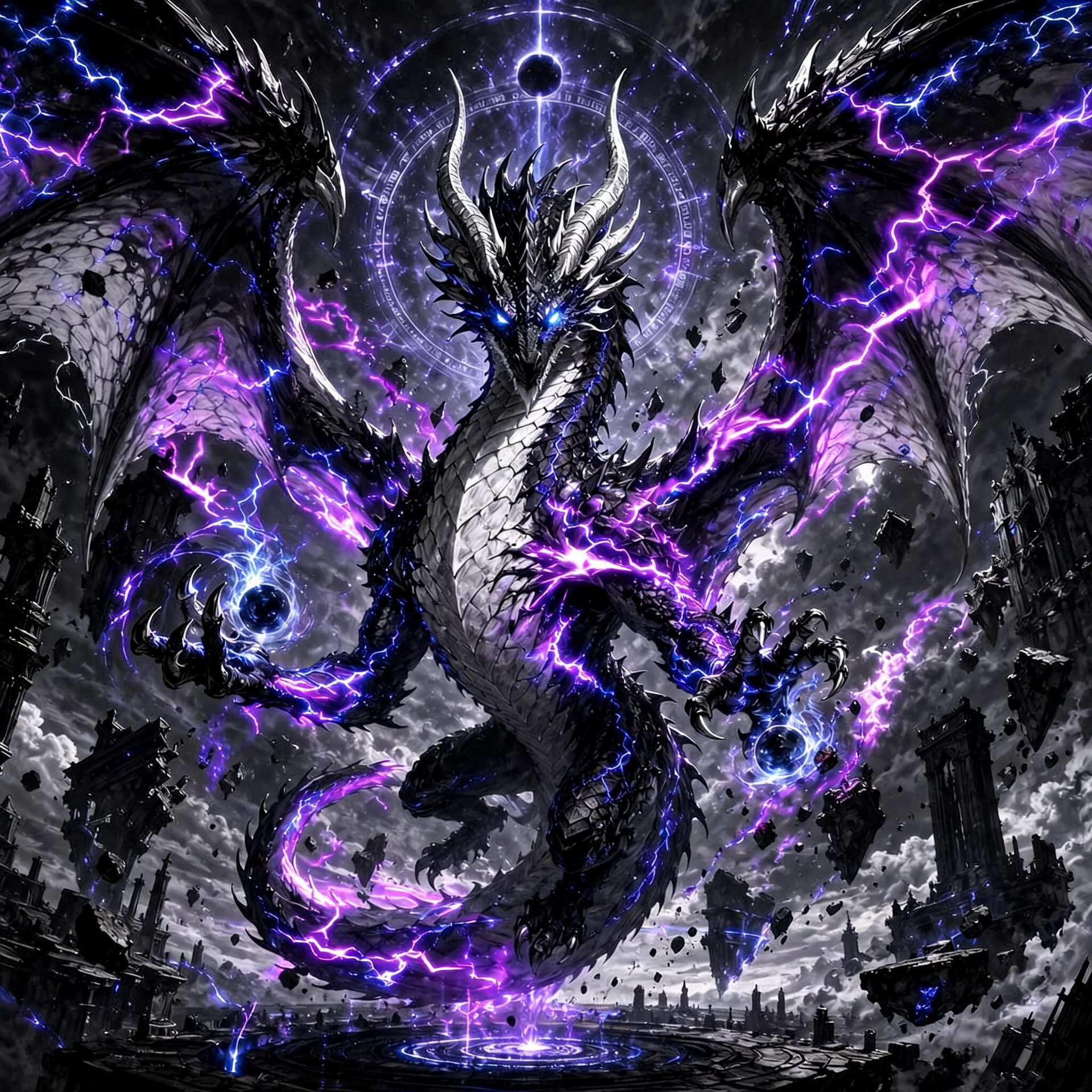 AI generated: add purple lightening emanating from this dragons body and in the background 