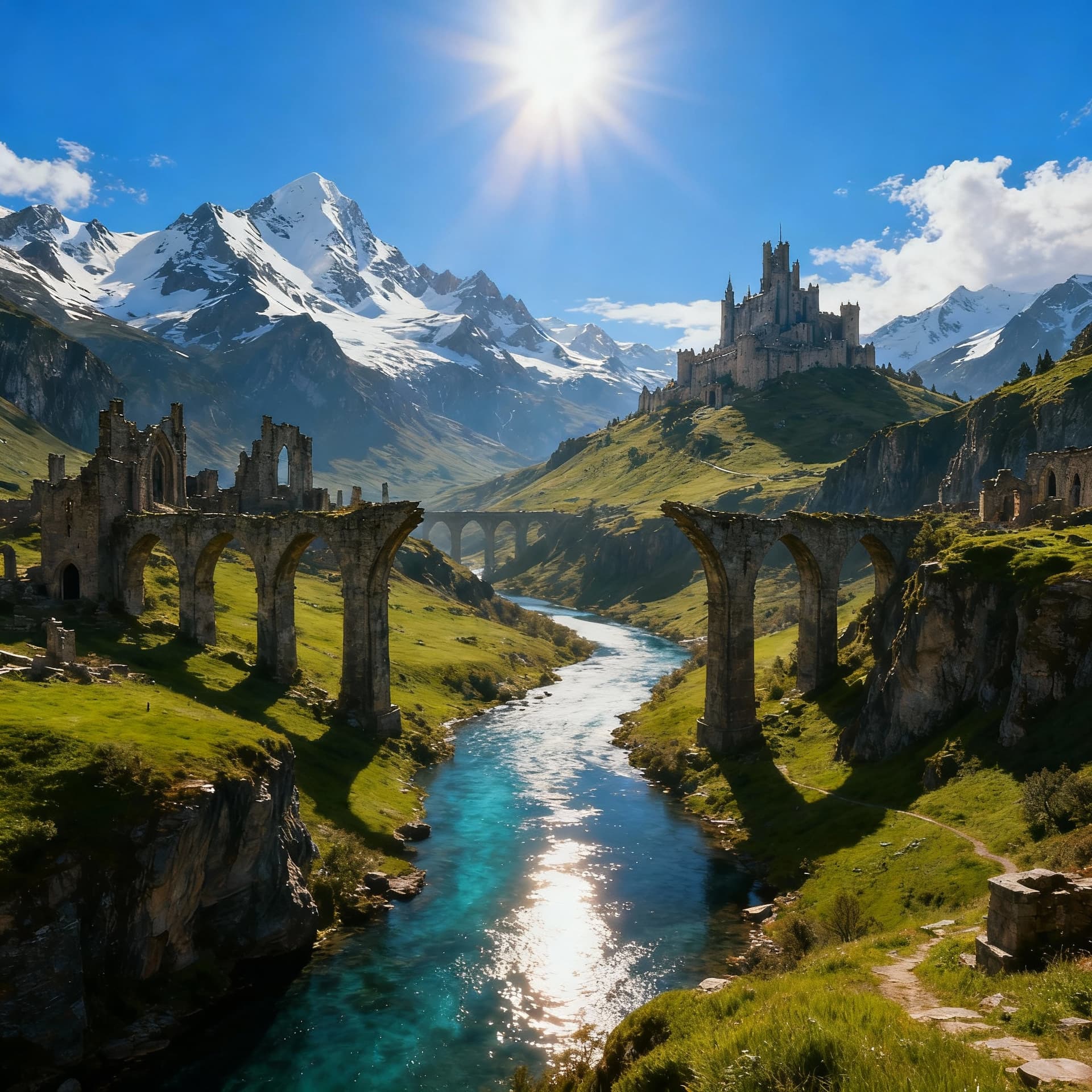 AI generated: Wide establishing shot from above the river, ruins and castle in the distance, sun flaring dramatica...