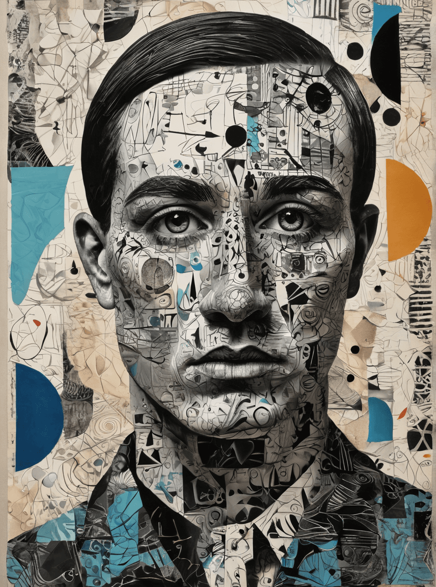 AI generated: A mixed media collage featuring an abstract male figure with expressive eyes, focus on face, color s...