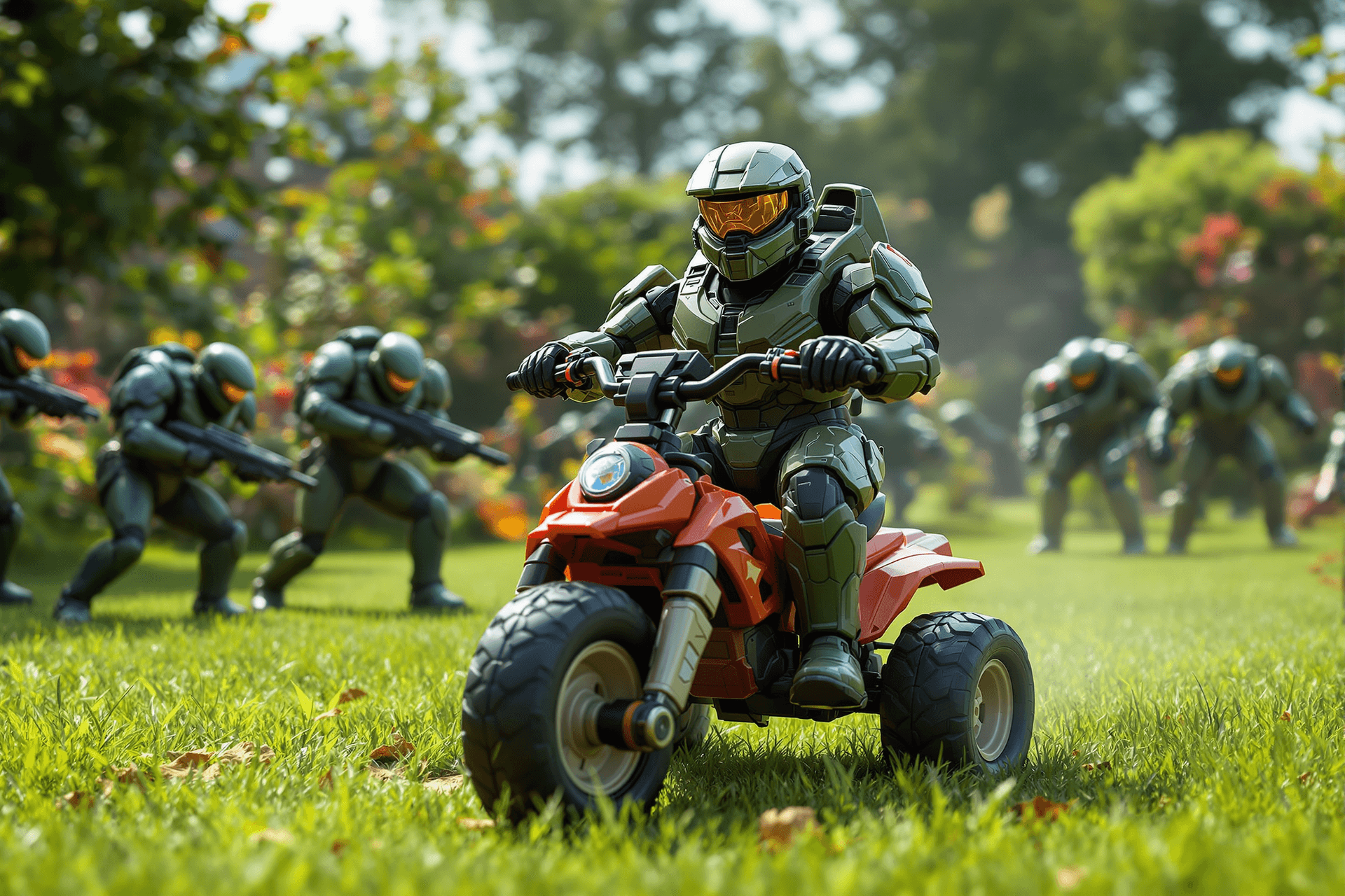AI generated: Master Chief from Halo on a toy tricycle in a garden scaling from enemies