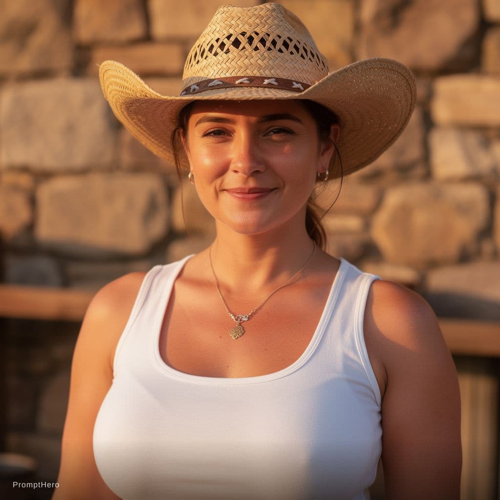 AI generated: Create a photo of a fit adult woman wearing a straw cowboy hat and a white tank top tied at the wais...