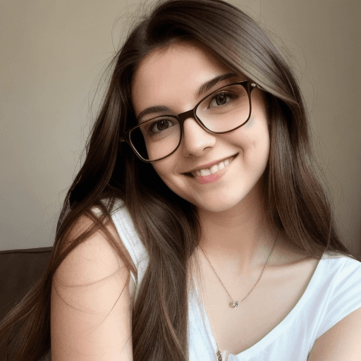 AI generated: Young adult woman, slim, long light brown hair, small locket, big square glasses, smiling, cute