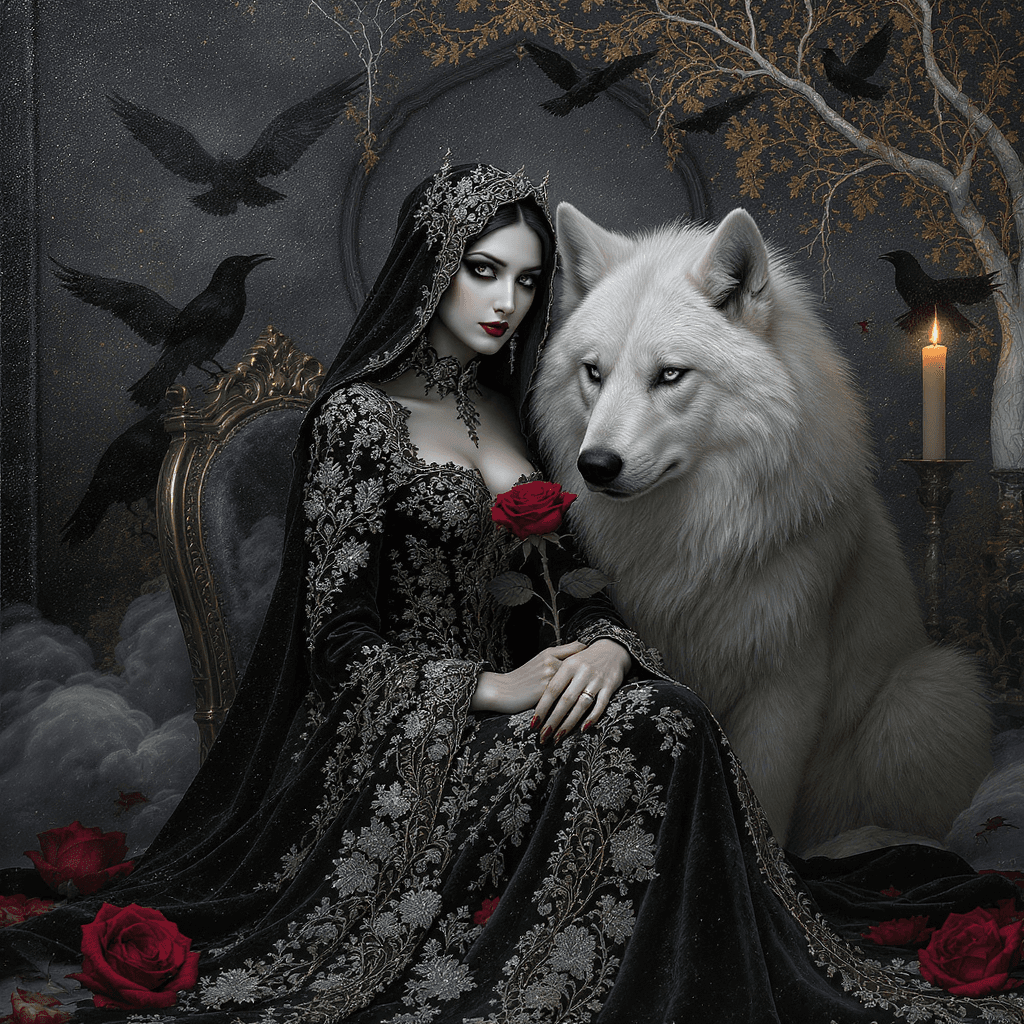 AI generated: A gothic priestess seated in stillness beside a majestic white wolf, her eyes shadowed with ancient ...
