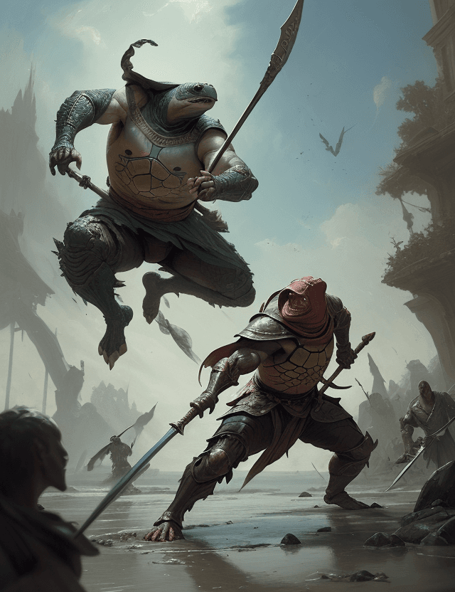 AI generated: A turtle with halberd fights against a human wizard with a staff by Greg Rutkowski, oil painting, he...