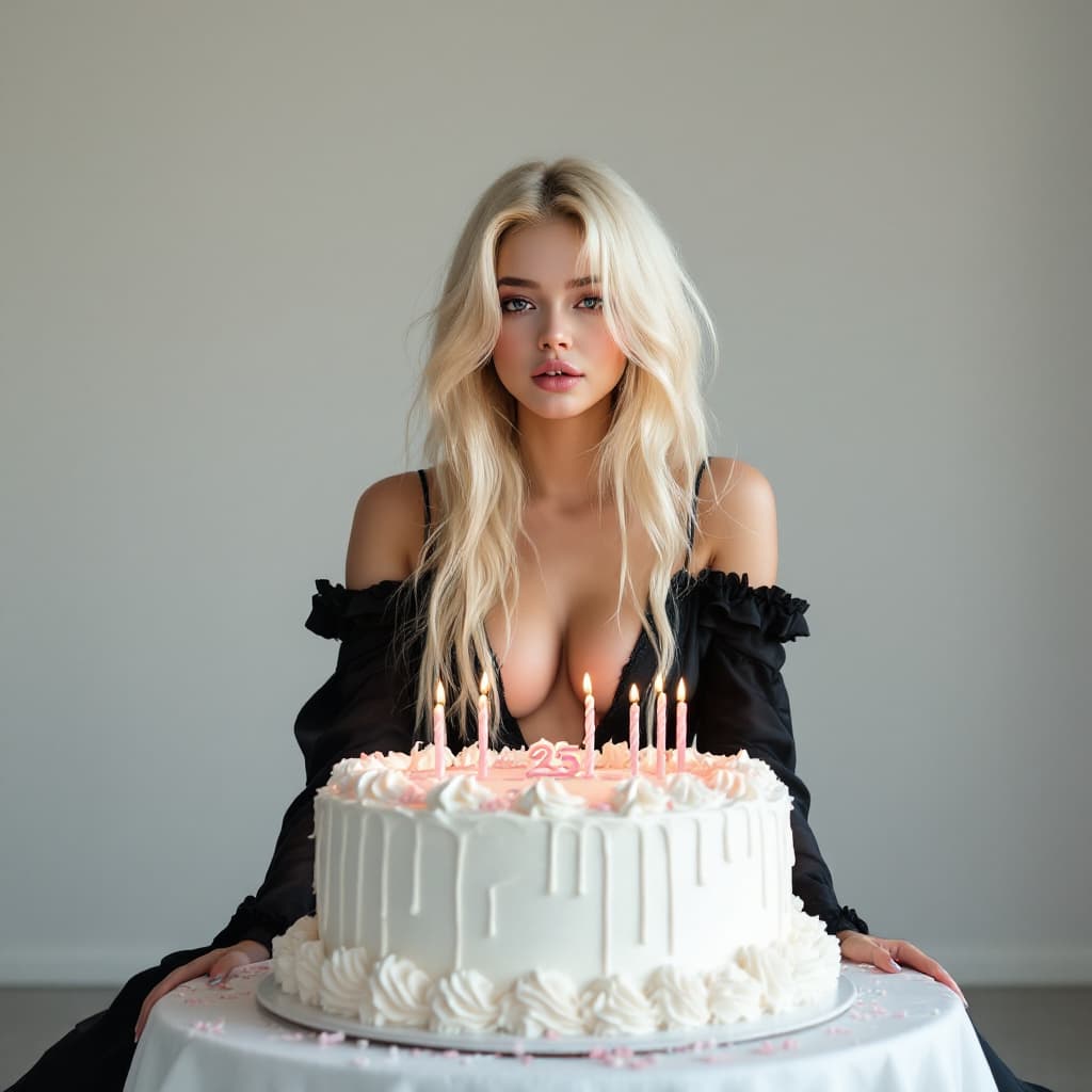 AI generated:  a girl looks like Jennie, sitting in a white birthday cake, 25 years old, realistic, she is wearing...