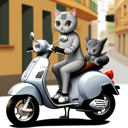 AI generated: a gray cat is riding a vespa with cartoon style
