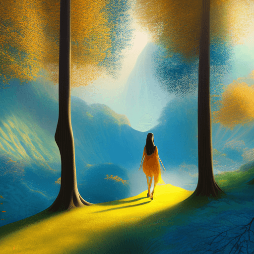 AI generated: girl walking through a valley in the style of ethereal trees, deep yellow and cyan, majestic, vast s...