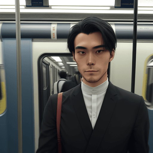 AI generated: Homem vestido de terno, olhar pensativo de cabelo preto, sentado a um metro de tokio --auto --s2