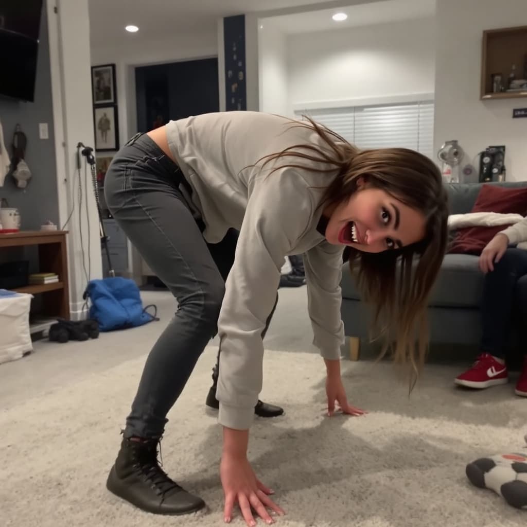 AI generated: Emma Langevin Twerking on Tiktok, bending over. Her face looks back at the camera and makes ahegao f...