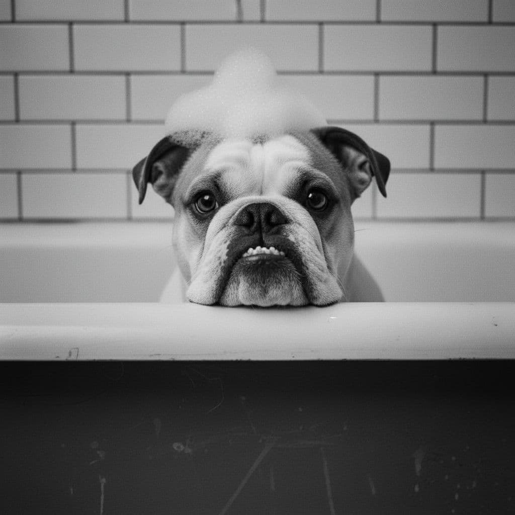 AI generated: Add soap bubbles to the top of it's head and the back wall should be white subway style shower tiles