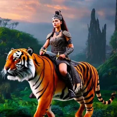 AI generated video: arafed image of a woman on a tiger with a sword, an epic fantasy, inspired by Magali Villeneuve, gra...