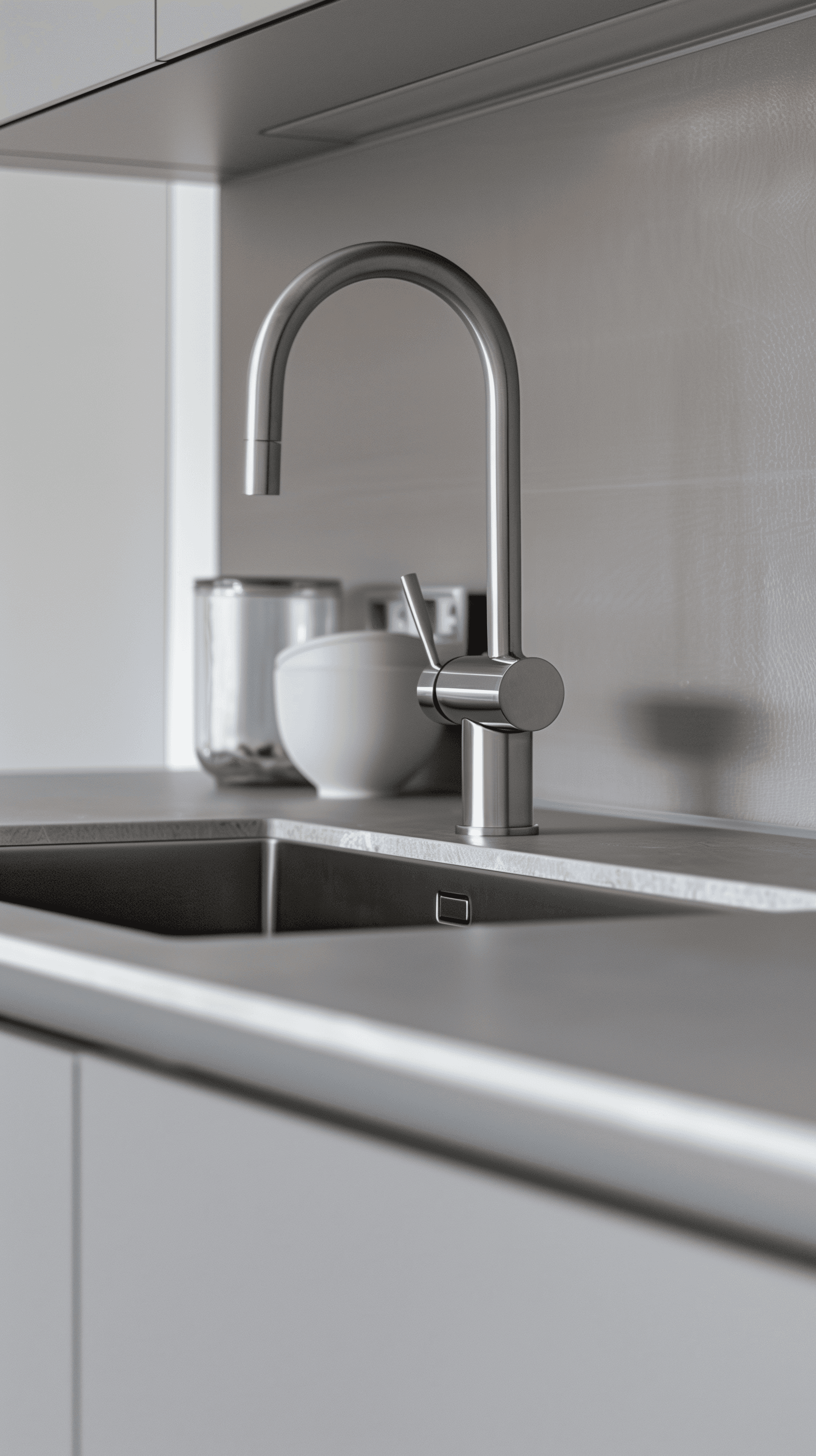 AI generated: photography, minimalist kitchen interior, focusing on a sleek stainless steel sink and modern faucet...