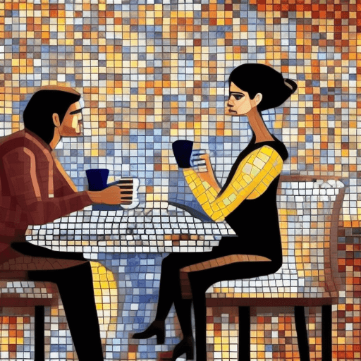 AI generated: A man and a woman are drinking coffee in a coffee shop and a lot of mosaic tiles, detailed, intricat...