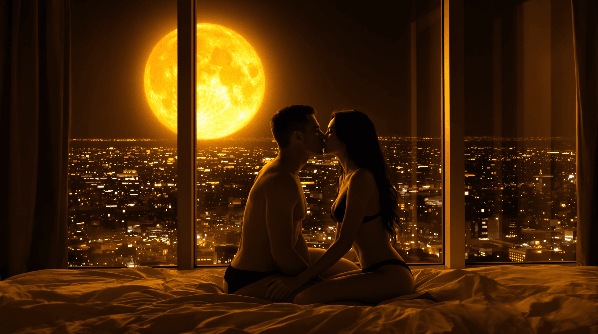 AI generated: image featuring a romantic, intimate scene set against a nighttime cityscape. A couple is seated on ...