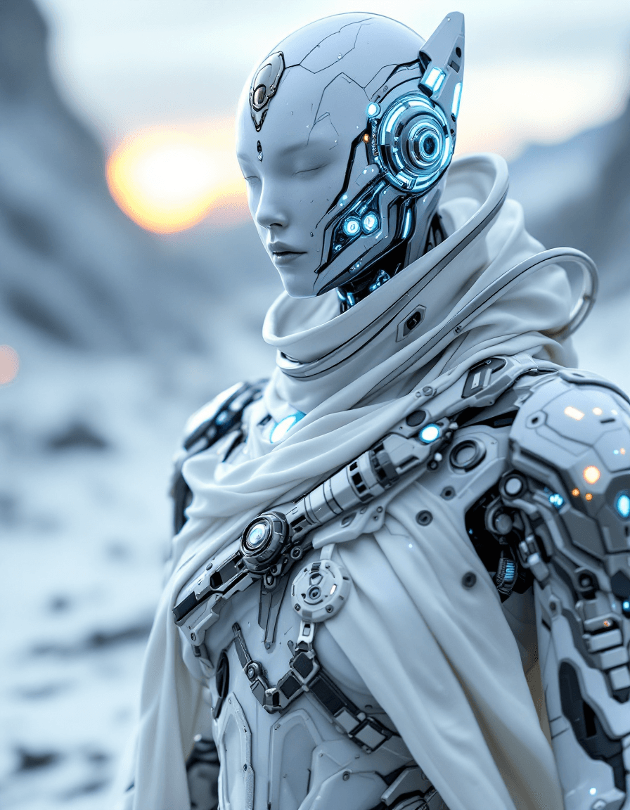 AI generated: Hyper-realistic photo of an otherworldly cyborg figure with sleek marble-like skin in predominantly ...
