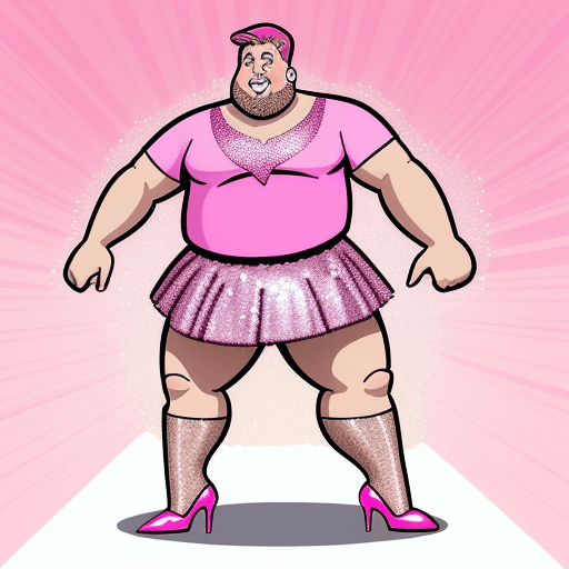 AI generated: Pink, sequin, Knee length skirt on a fat man, wearing pink rhinestone high heels, cartoon drawing, l...