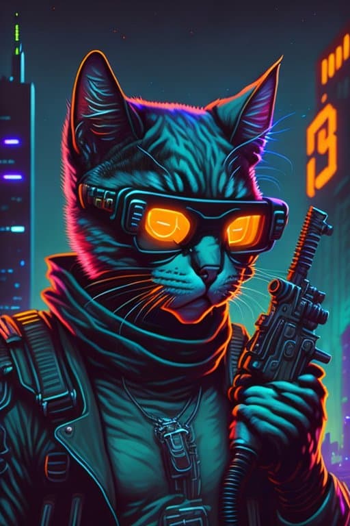 AI generated: cat, neon, cyberpunk, technology, standing, cat holding a gun, city in behind, cat is angry, cat wit...
