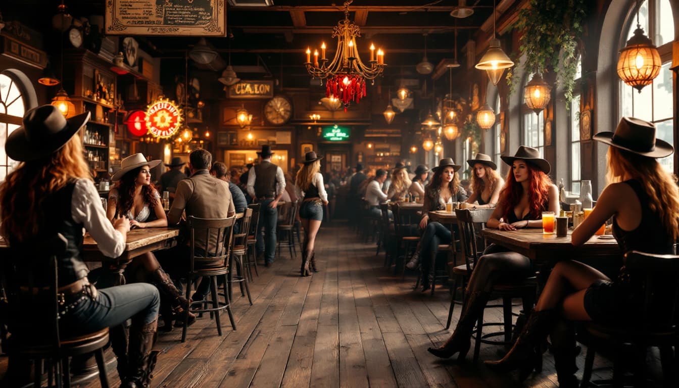 AI generated: wide view of a saloon. A Vibrant Old West saloon filled with lively patrons and lovely old west fema...