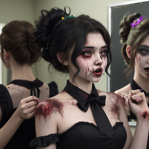 AI generated: Zombie Prom - A Group of Zombie Students Are Getting ready For The Prom. They’re All Wearing Tattere...
