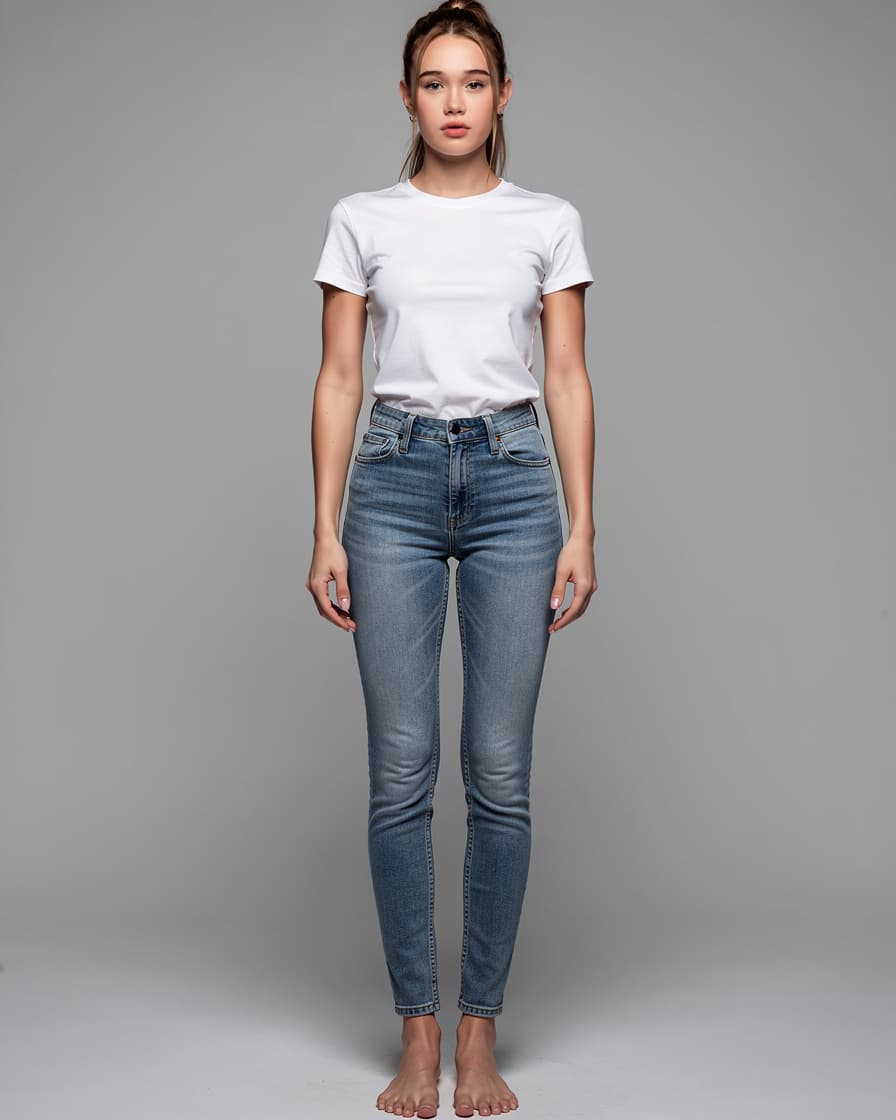 AI generated: A hyper-realistic, ultra-detailed full-body front-view depiction of Keeley Hazell with no expression...
