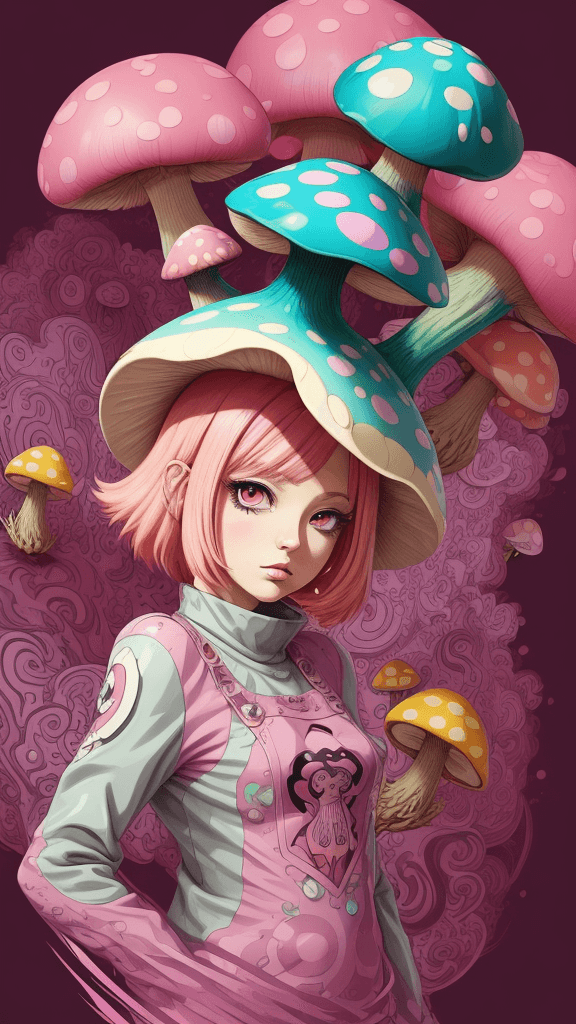 AI generated: in a funky background portrait of little mushroom woman, pink hair, Prominent eyes, funky background...