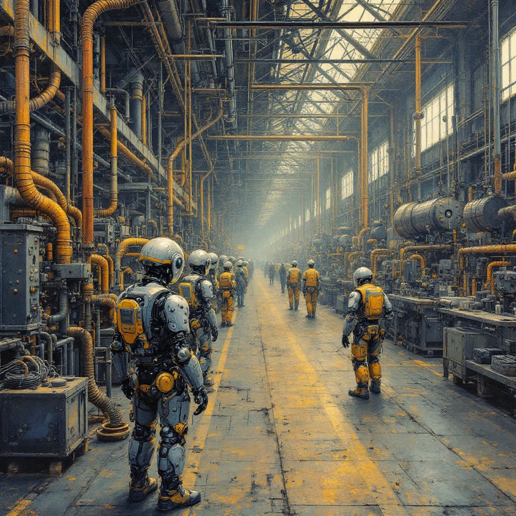 AI generated: detailed oil painting of the inside of an industrial REAL , with many hose's and machinery and five ...