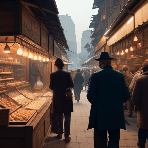 AI generated: A merchant behind his stall, watching a dense crowd passing by. Nobody from the crowd stops walking.