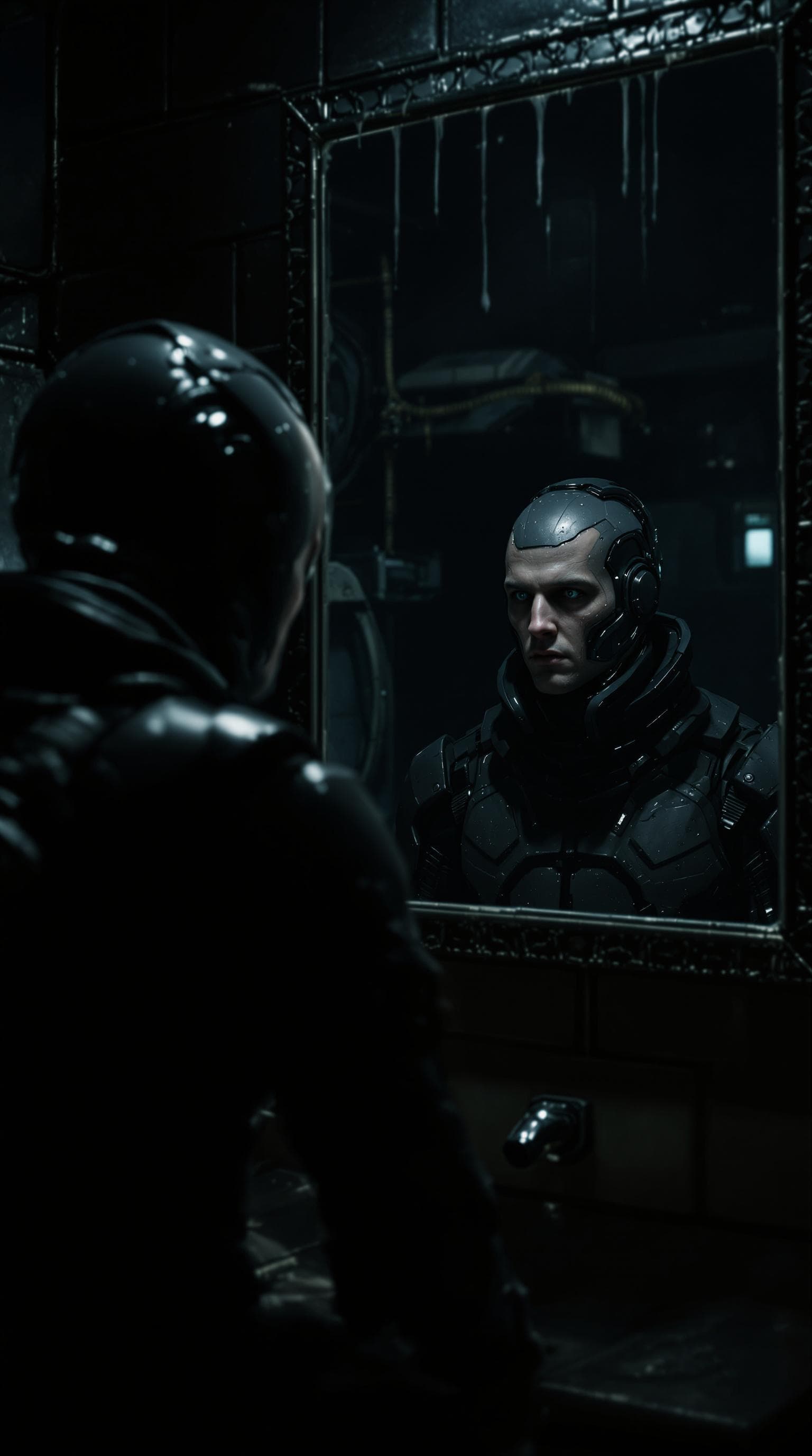 AI generated: dystopian cyborg in a dystopian city at night looking into the mirror in a grimy bathroom, he has ta...