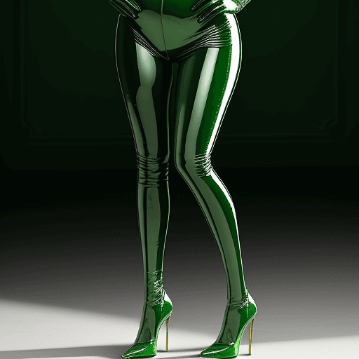 AI generated: european woman 35 years old, green latex, smile, complete body 
visible, high heels, high detail, 