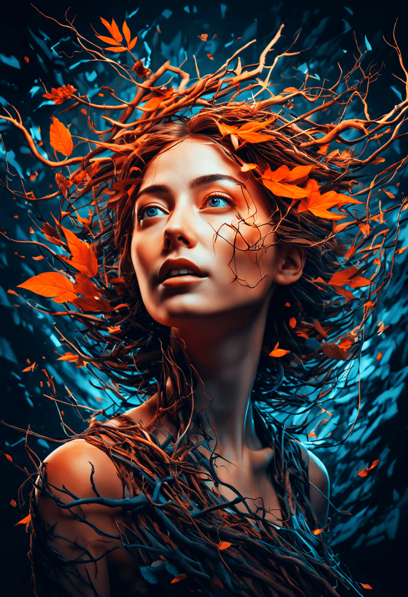 AI generated:  digital artwork featuring a woman's head intertwined with full of branches, blending urban surreali...