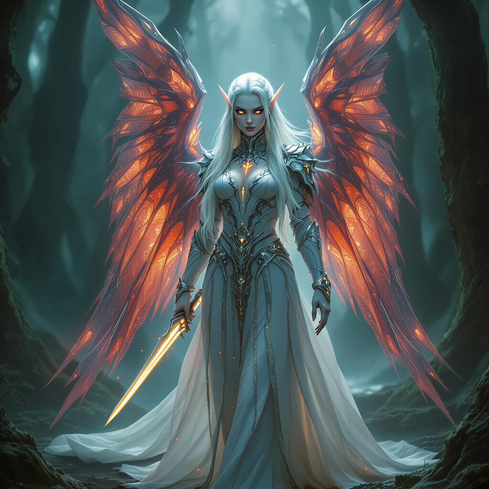 AI generated: A breathtaking silver-haired elven goddess stands in solemn stillness, 8k, cinematic, her tall frame...