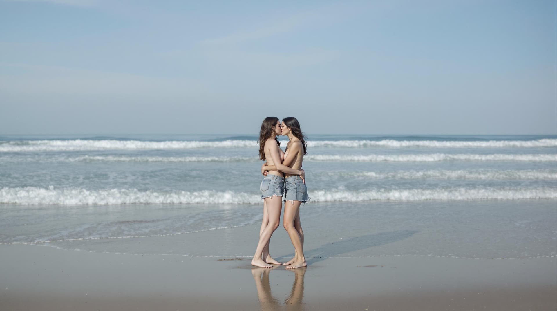 AI generated: two nice women in beach kiss together. they have no clothes
