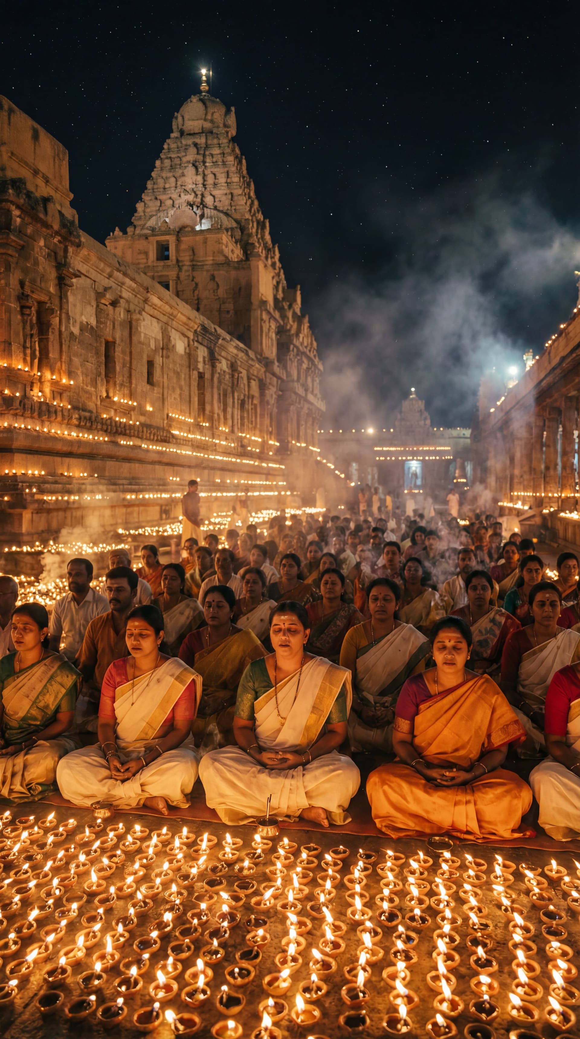 AI generated: Group of devotees chanting Om Namah Shivaya at night, temple courtyard full of lamps, peaceful faces...