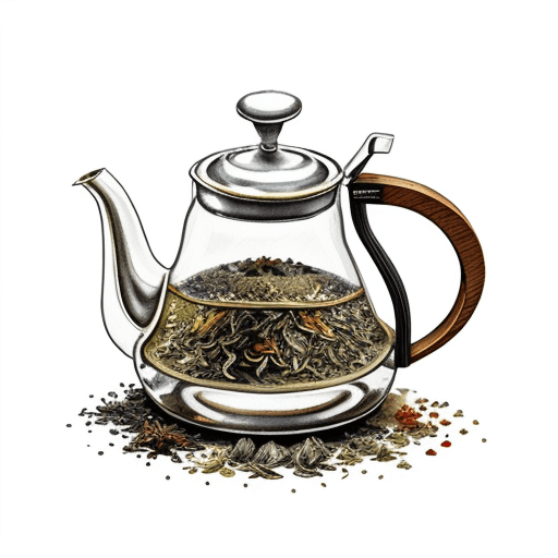 AI generated: watercolor, tea kettle clip art, universal ambiance, mystical, tea leaves, spices, tea kettle, isola...