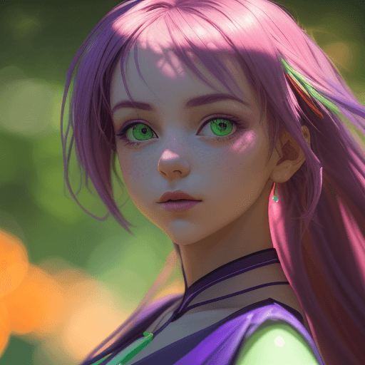 AI generated: a beautiful lightup purple girl is posing unveiled in the style of dark orange and azure, shallow de...