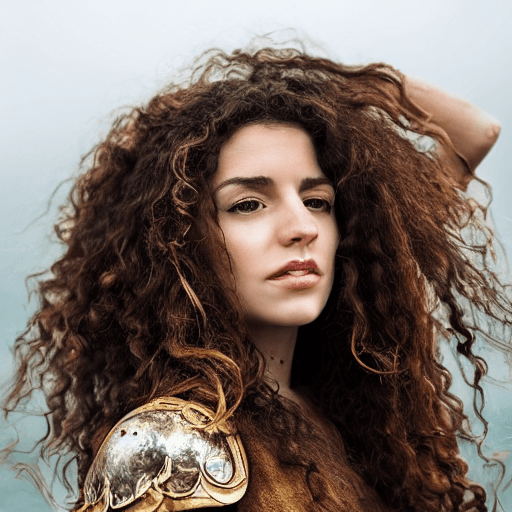 AI generated: Portrait photo of an open and proud looking, beautiful model-like Galician woman with long curly bro...
