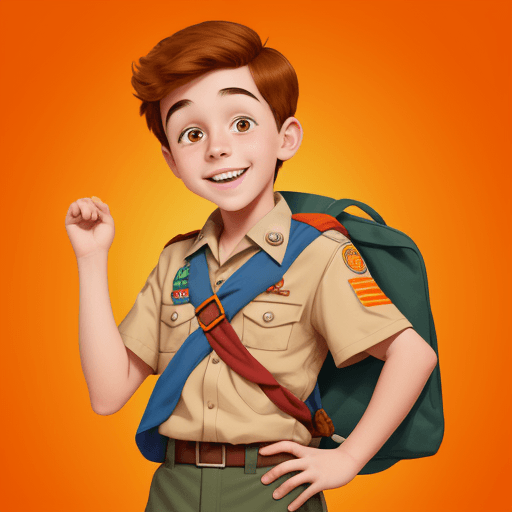AI generated: a young boy scout,  disney style, cartoony, happy,  with a orange gradient background, 