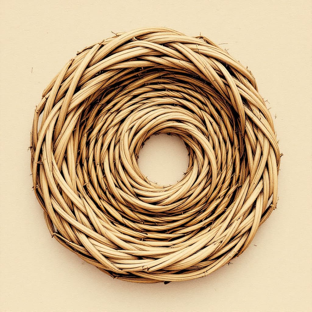 AI generated: Ultra high-resolution, extremely close-up view of hand-woven wicker spiraled into an organic, circul...