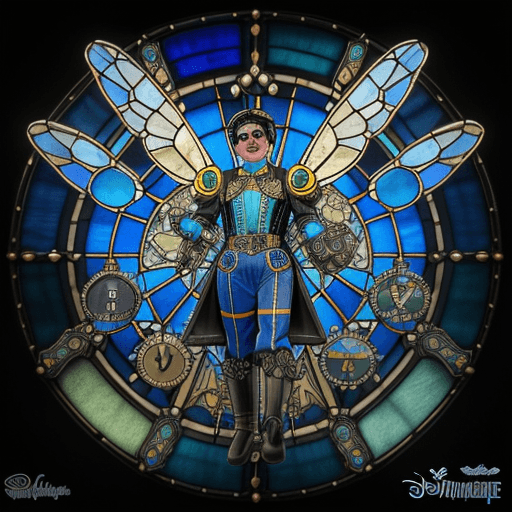 AI generated: A vivid blue "stained glass" octane dream detailed 3D render of a cartoonish Walt Disney styled 1930...