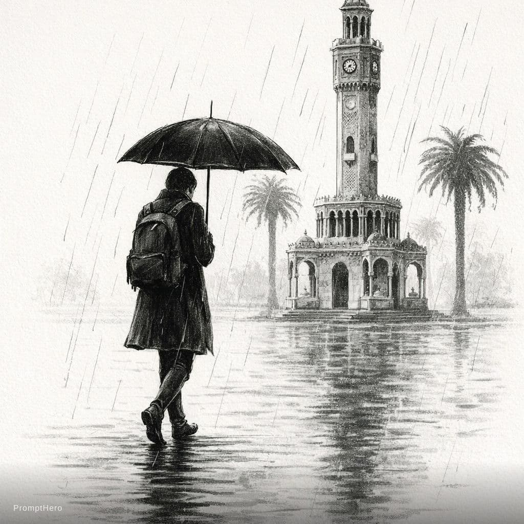 AI generated: 
Let her have a backpack on her back and pass in front of the Izmir Clock Tower.

