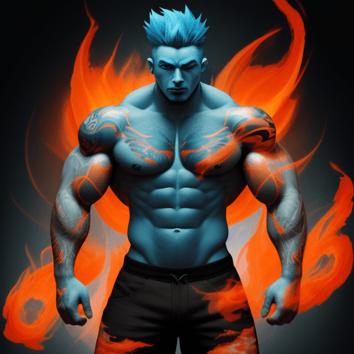 AI generated: The image is a stylized digital artwork of a muscular man with blue hair and tattoos, emanating a fi...