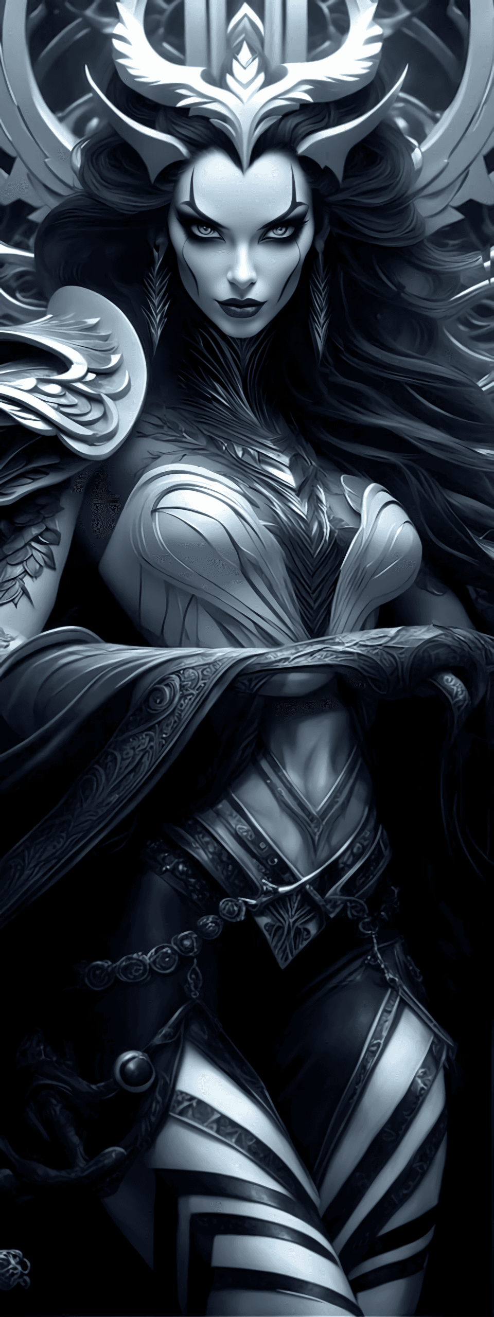 AI generated: detailed beautiful goddess Hel with long black hair, pale white skin, detailed eyes, sitting on the ...