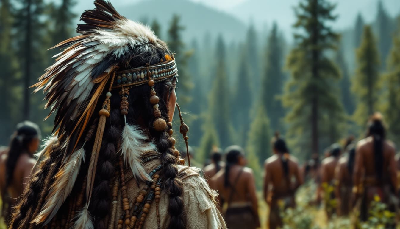 AI generated: Long braided hair adorned with eagle feathers and wooden beads. Native American forest with a deep f...
