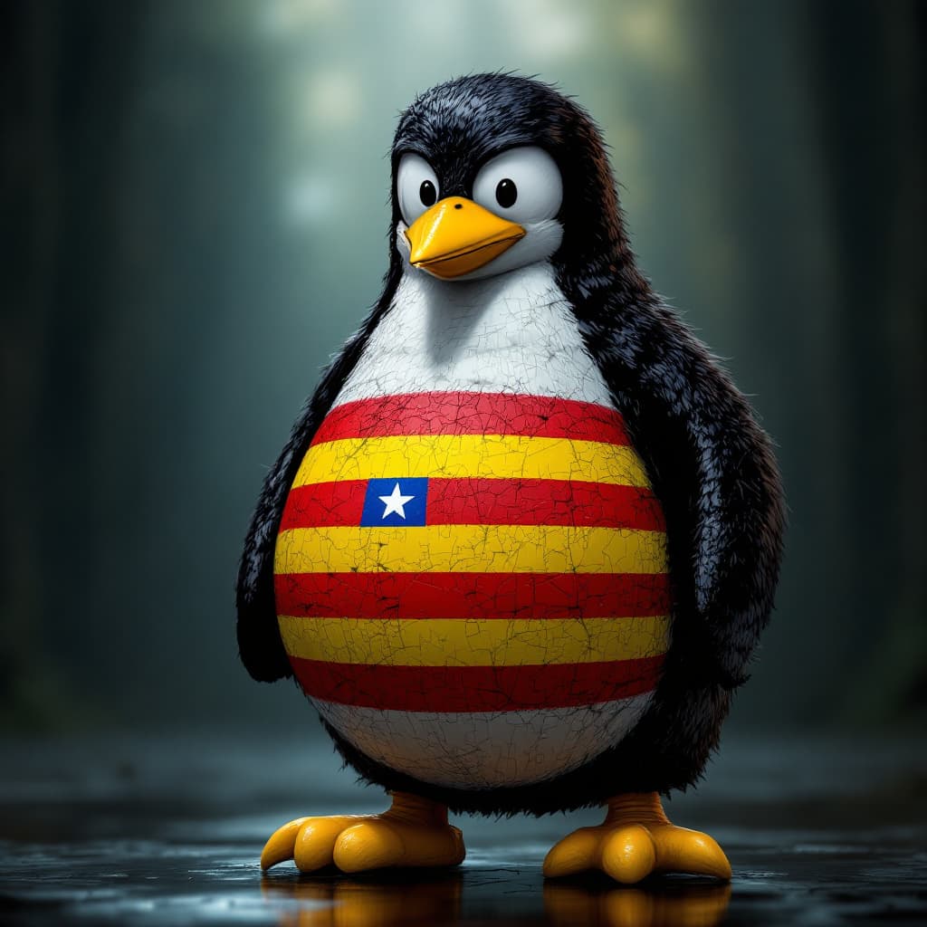 AI generated: linux tux with catalan flag on the belly
